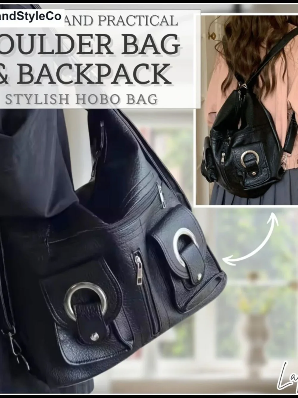 Faux Leather Slouchy Hobo Shoulder Bag 2-Way Backpack Handbag Purse